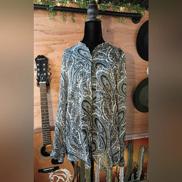 MICHAEL Michael Kors Paisley Button-Front Blouse - Blue/Earth Tones - Size M - Picture 1 of 10